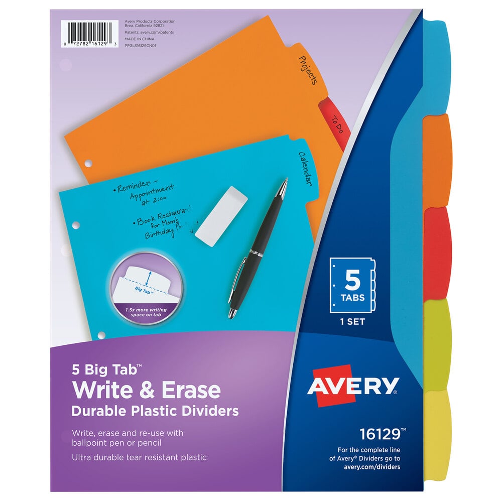 Avery® 16129 Big Tab 5-Tab Multi-Color Plastic Write / Erase Durable ...