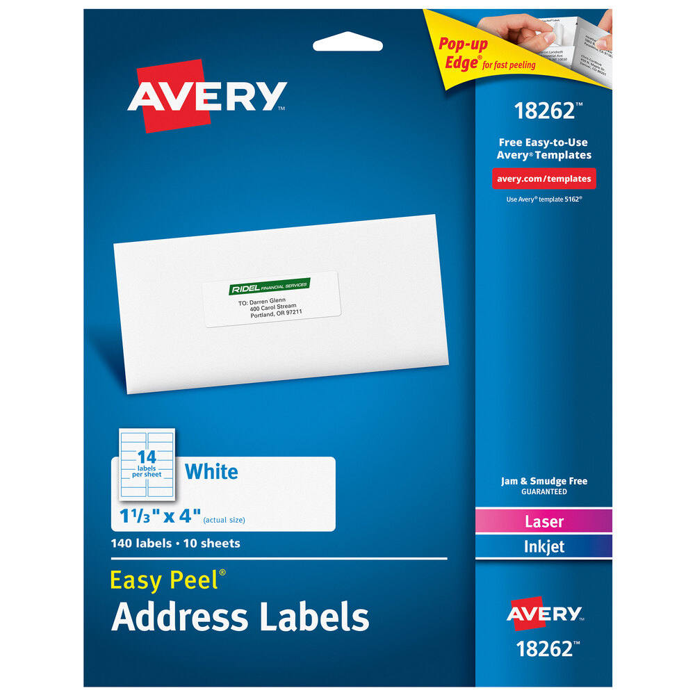 Avery 18262 Easy Peel 1 1/3" x 4" White Sure Feed Address Labels 140/Pack