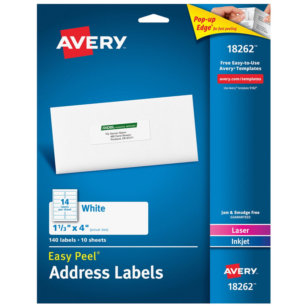 Avery 18262 Easy Peel 1 1 3 X 4 White Sure Feed Address Labels 140 Pack