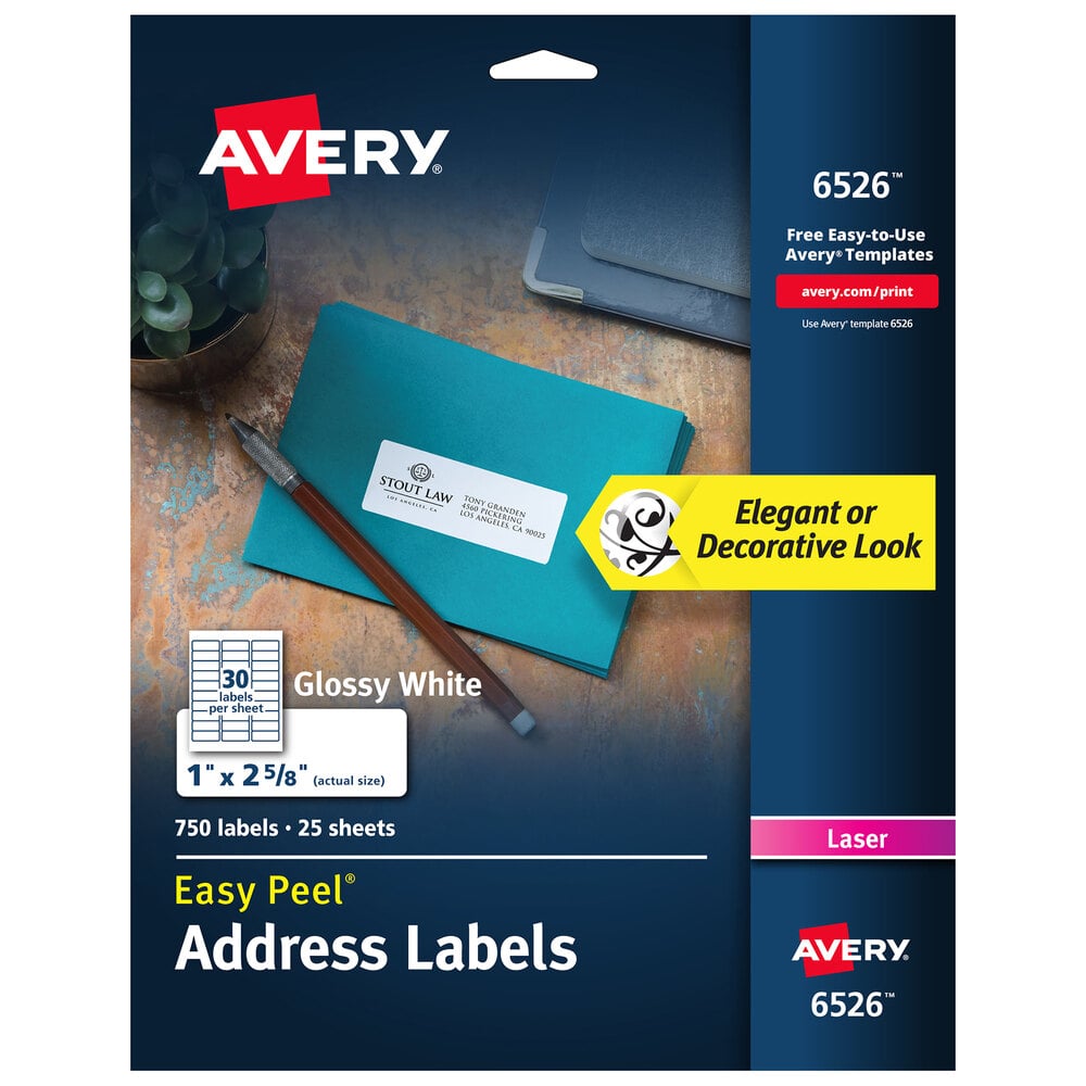 Avery 06526 1" x 2 5/8" Glossy White Easy Peel Permanent Laser
