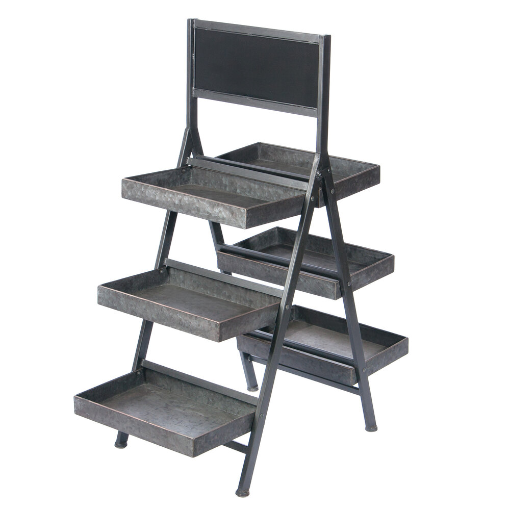 Galvanized Metal Finish 3 Tier Folding Step Ladder Tray Display with Chalkboard 34 1/4" x 17 1/4