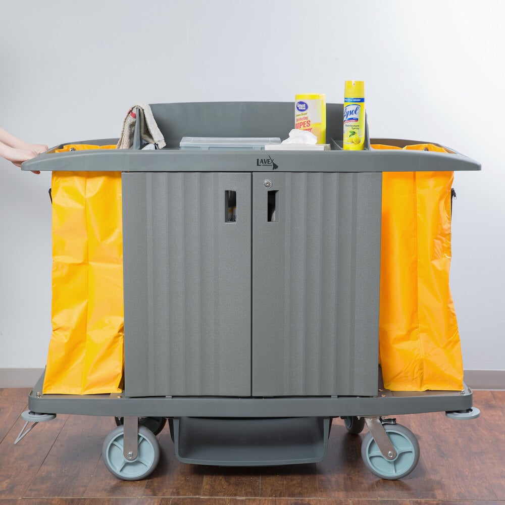 Locking Storage Cart w/ Wheels (Lavex 3Shelf Housekeeping Cart)