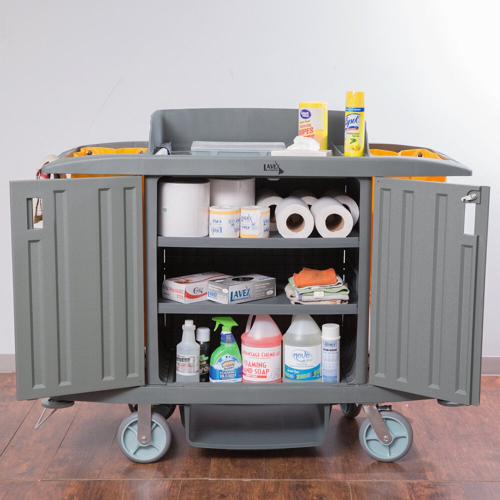 Locking Storage Cart w/ Wheels (Lavex 3Shelf Housekeeping Cart)