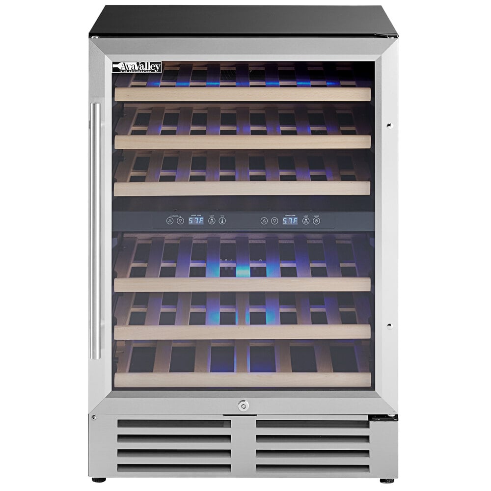 Dual temp AvaValley undercounter wine refrigerator with blue LED lighting