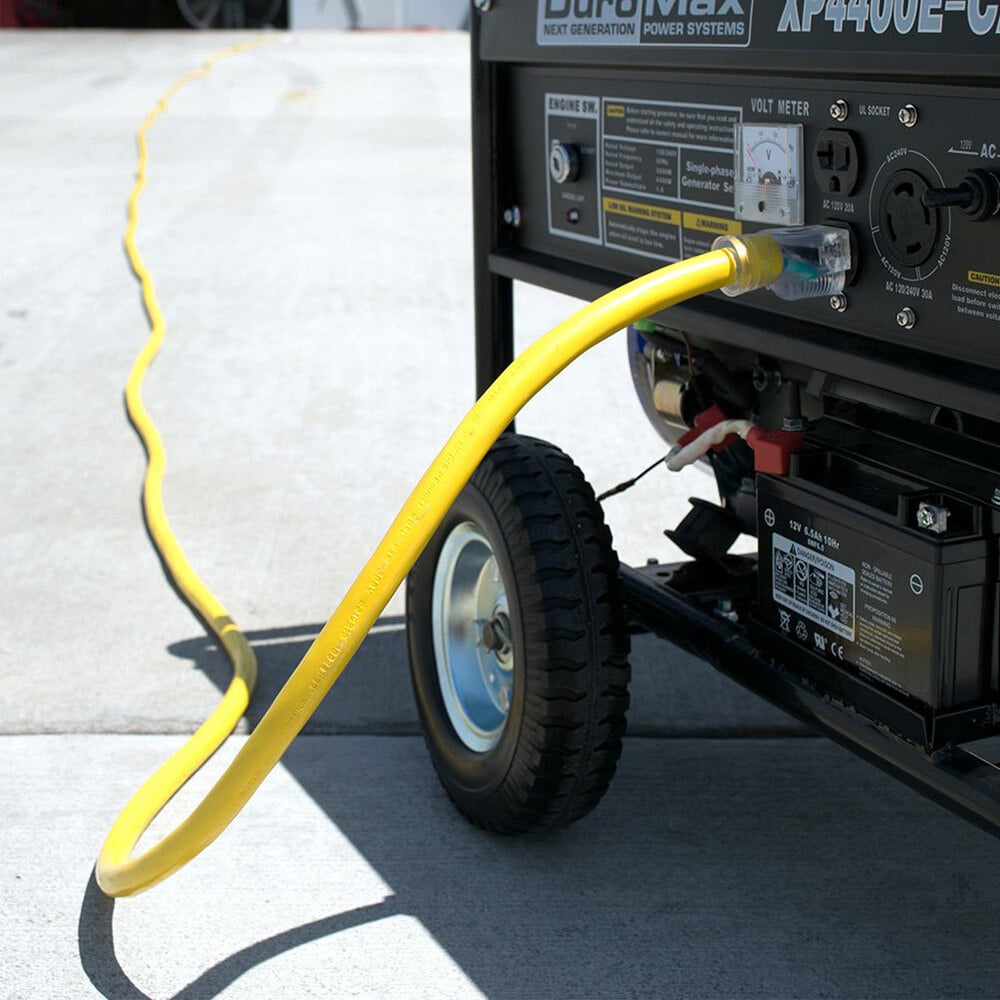 yellow extension cord plugged into generator