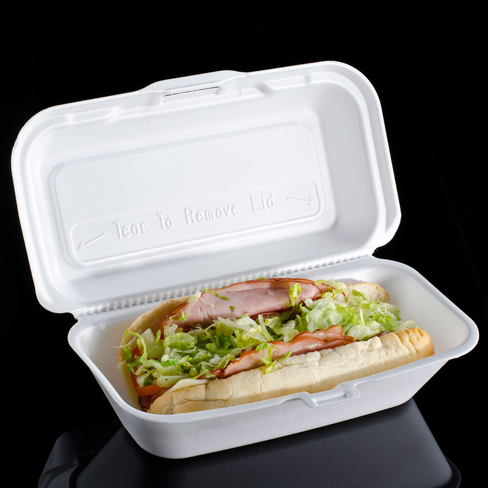 Dart 99HT1R 10" x 5 1/2" x 3" White Foam Hoagie Take Out Container with Perforated Hinged Lid