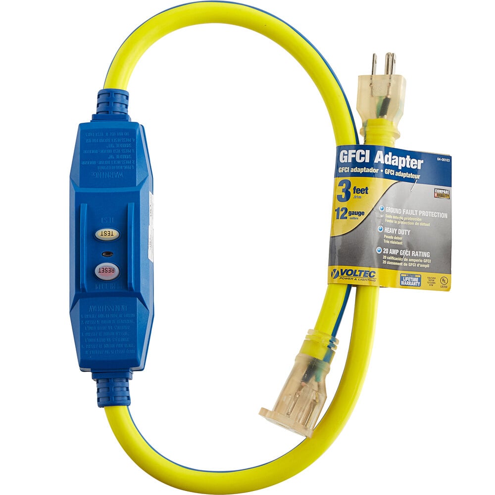Voltec 0400103 3' Blue/Yellow 12/3 InLine 20 Amp GFCI Power Cord with