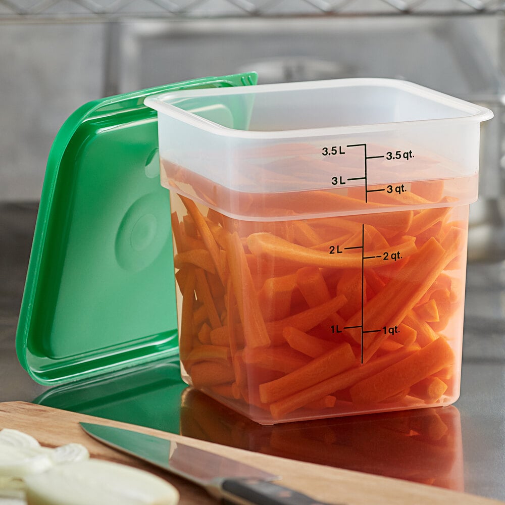 Cambro CamSquares® 4 Qt. Translucent Square Polypropylene Food Storage Container and Green Lid - 3/Pack