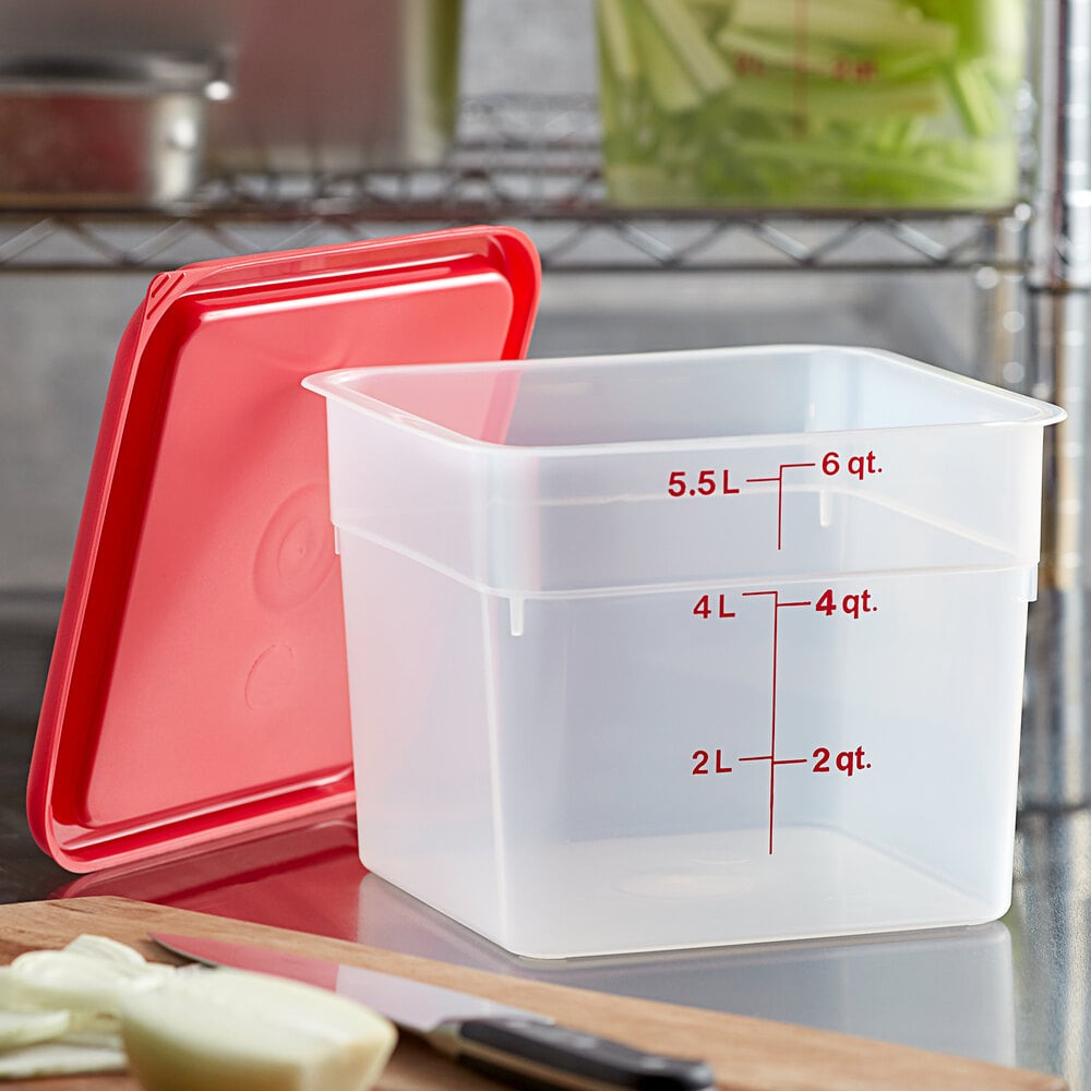Cambro CamSquares® 6 Qt. Translucent Square Polypropylene Food Storage Container and Red Lid - 2/Pack
