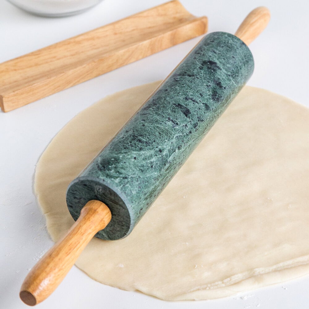 10" Green Marble Rolling Pin with Wood Handles and Base
