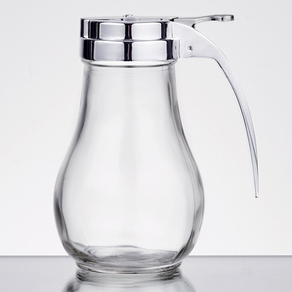 Glass syrup dispenser with chrome plated alloy lid and handle