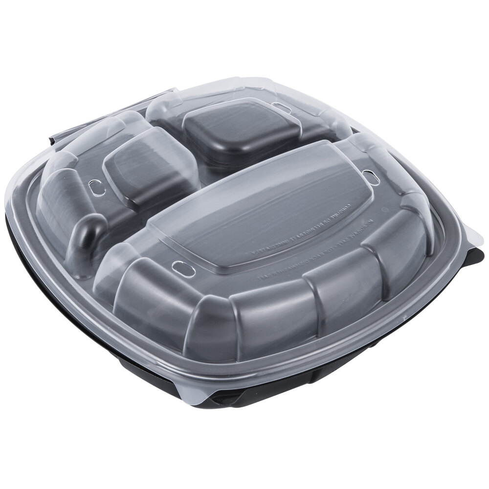 9" x 9" x 3" Medium 3 Compartment Microwaveable Plastic Hinged Take-Out