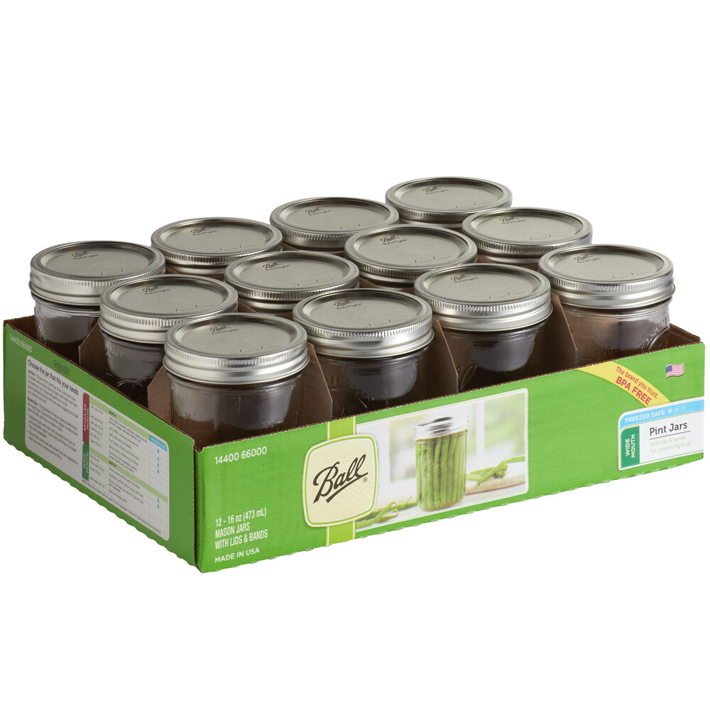 Ball 66000 16 oz. Pint Wide Mouth Glass Canning Jar with Silver Metal ...