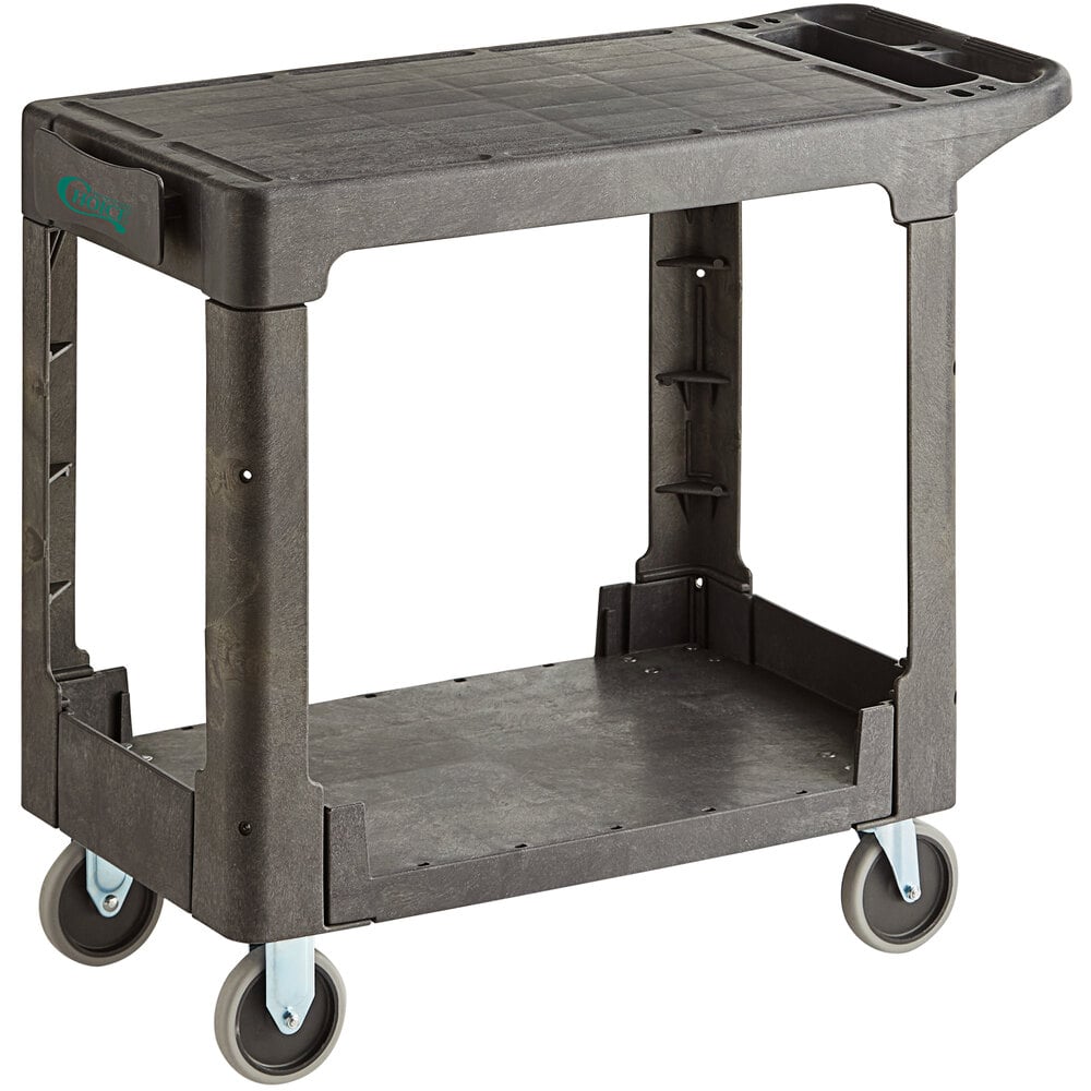 choice-medium-black-2-shelf-utility-cart-with-flat-top-and-built-in