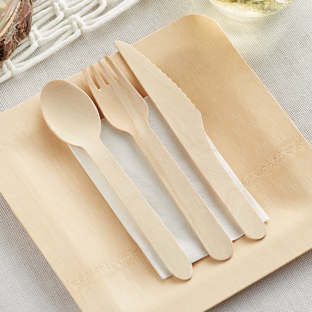 TreeVive by EcoChoice 6 1/4" Compostable Wrapped Wooden Cutlery Set