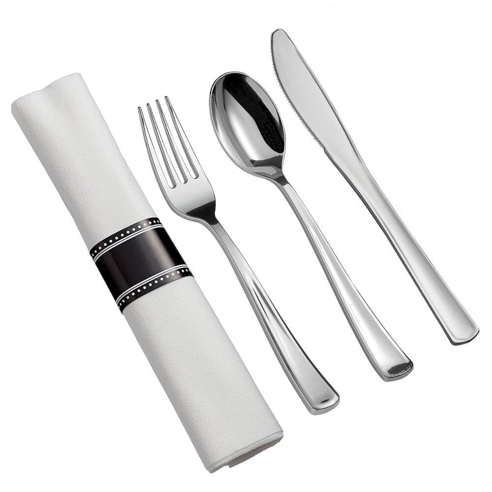 Silver Visions Silver Banded Classic Plastic Dinnerware Set with Rolled