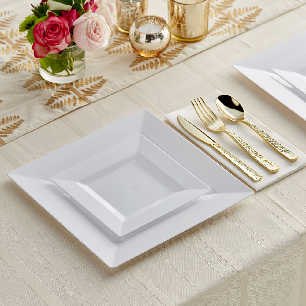 Gold Visions White Florence Hammered Gold Banded Plastic Dinnerware Set