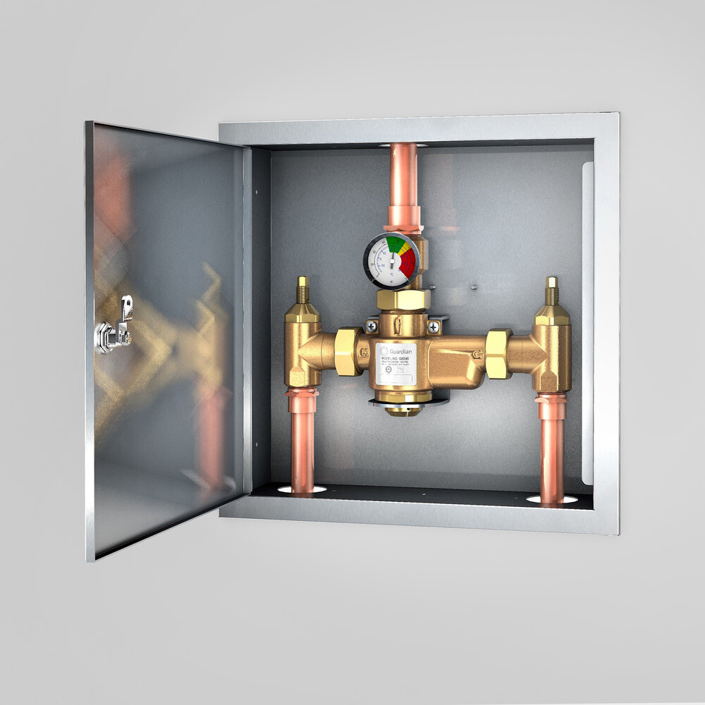 Guardian Equipment G6044 Thermostatic Mixing Valve In Recessed Stainless Steel Cabinet 50 Gpm