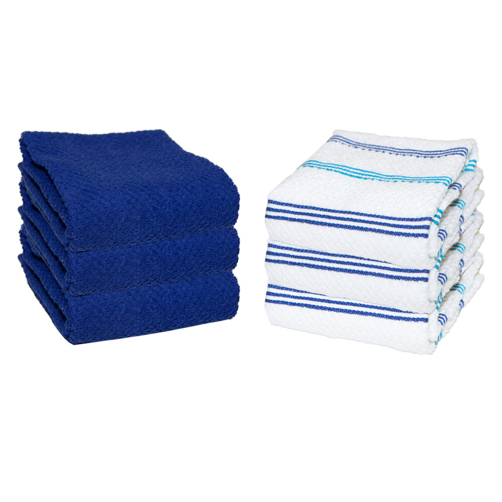 15" x 25" Blue Stripe Pattern 40 oz. Premier 100 Cotton Terry Kitchen Towel 6/Pack