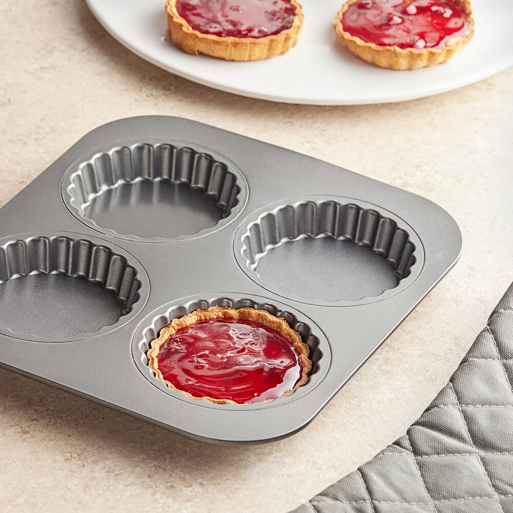 Baker's Lane 4 Compartment Non-Stick Carbon Steel Fluted Tartlet / Quiche Pan - 3 3/4" x 7/8"