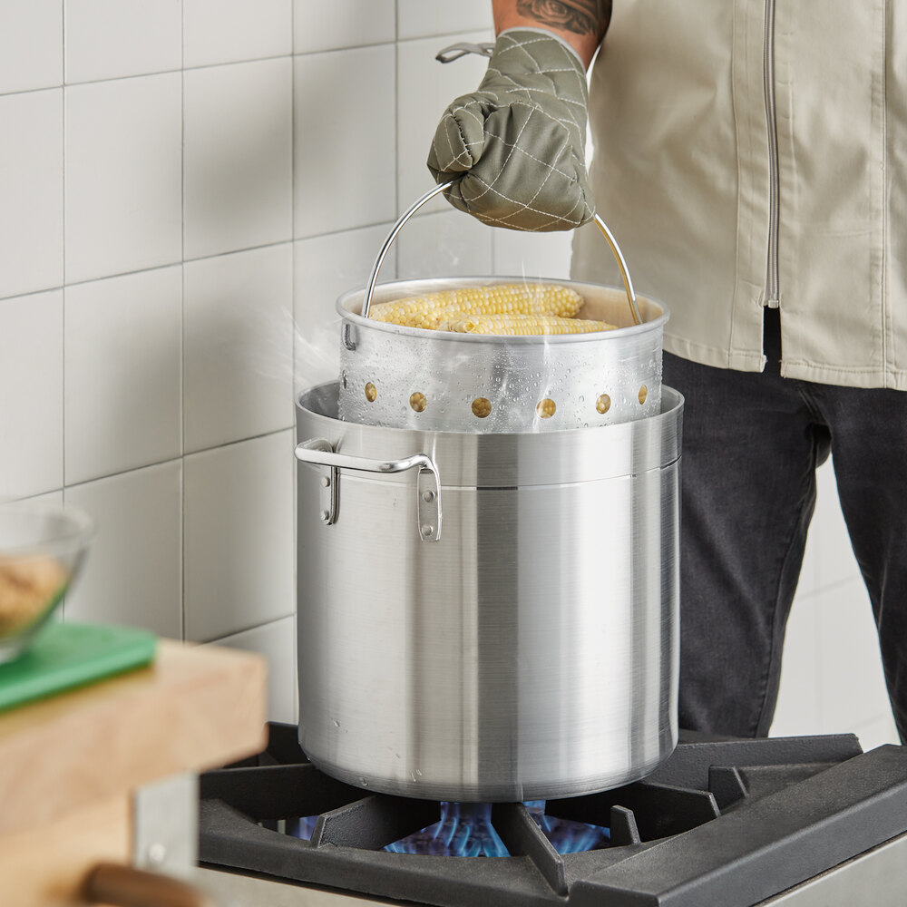 Choice 20 Qt. Standard Weight Aluminum Stock Pot with Steamer Basket and Cover