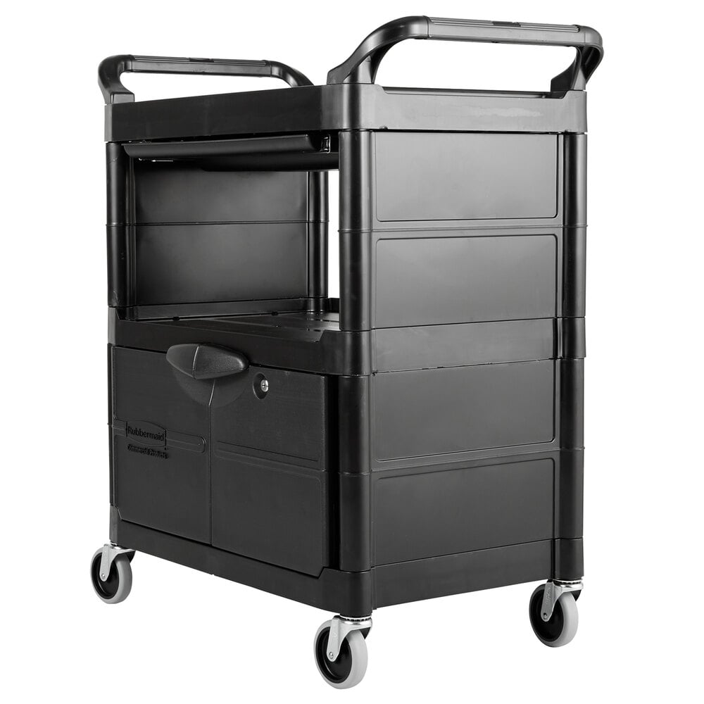 Rubbermaid FG345700BLA Black Utility Cart With Lockable Doors And ...