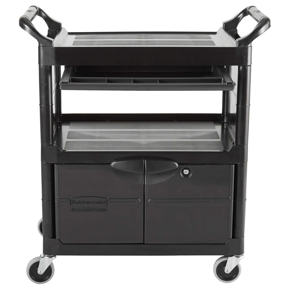 Rubbermaid FG345700BLA Black Utility Cart with Lockable Doors and