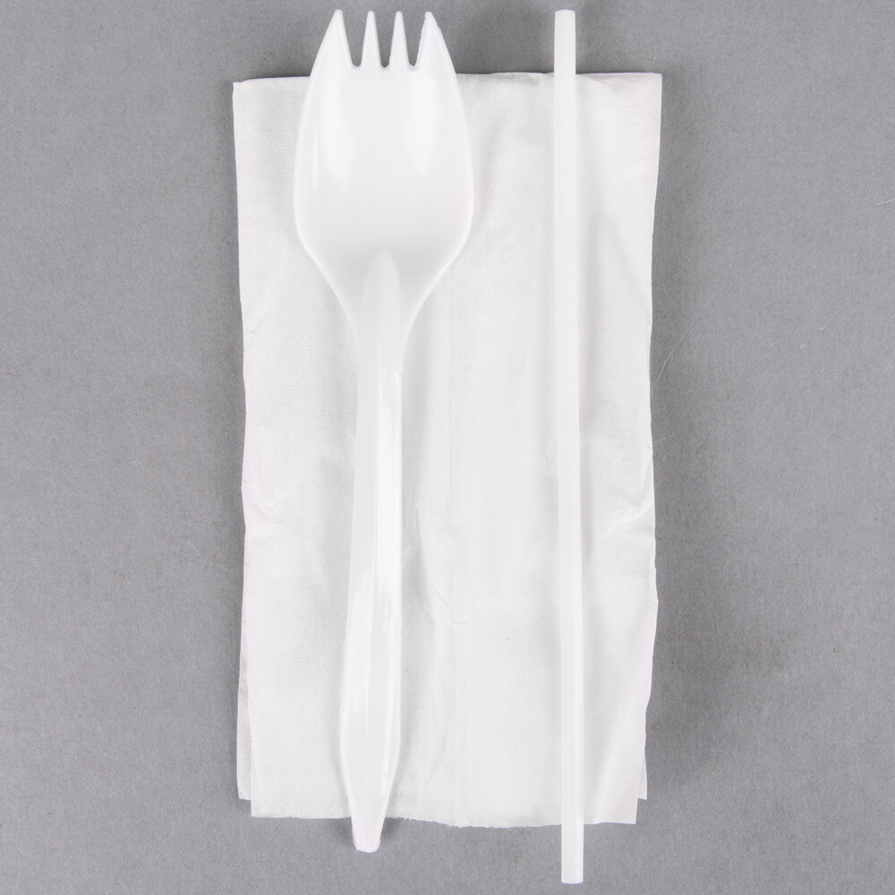 Choice Medium Weight White Wrapped Plastic Spork, Straw, and Napkin Kit