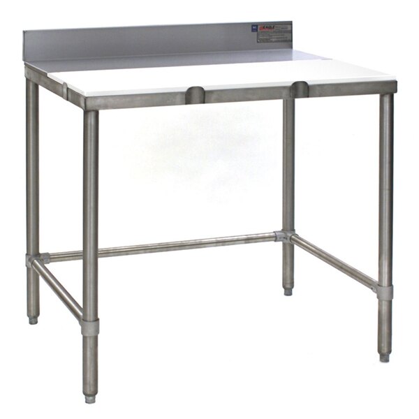 An Eagle Group stainless steel trimming table with a white poly top and metal legs.