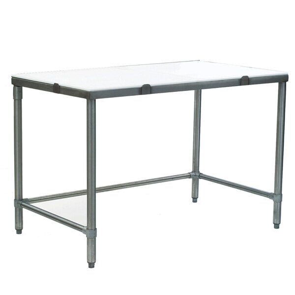 A white Eagle Group poly top table with a stainless steel frame.