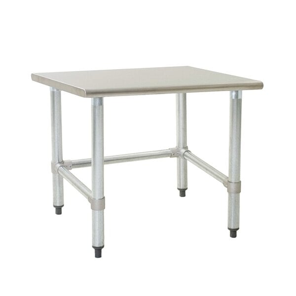 An Eagle Group mixer stand with stainless steel legs.