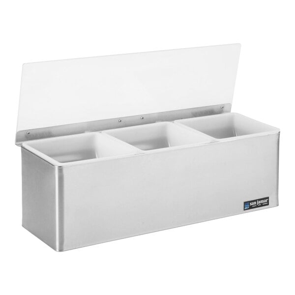 A stainless steel San Jamar condiment bar with three compartments.