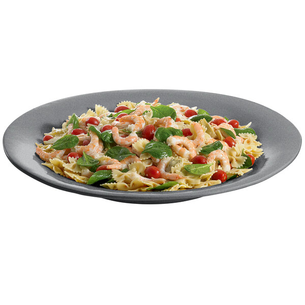 A Tablecraft granite serving platter with pasta, shrimp, and vegetables.