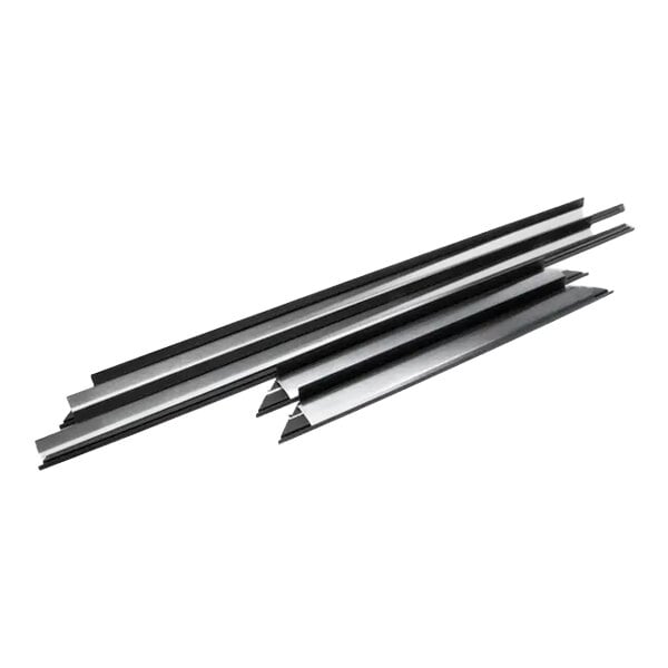 Several long, metallic, V-shaped strips are arranged in a staggered pile on a white background.