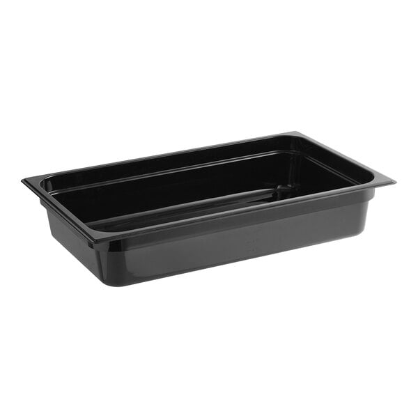 A Carlisle black plastic rectangular food pan with a rectangular bottom.