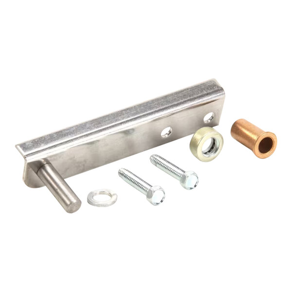 A metal bar with screws and bolts for a True 870828 bottom right hinge.