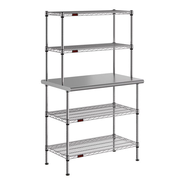 A silver Eagle Group stainless steel table with chrome wire undershelves and overshelves.