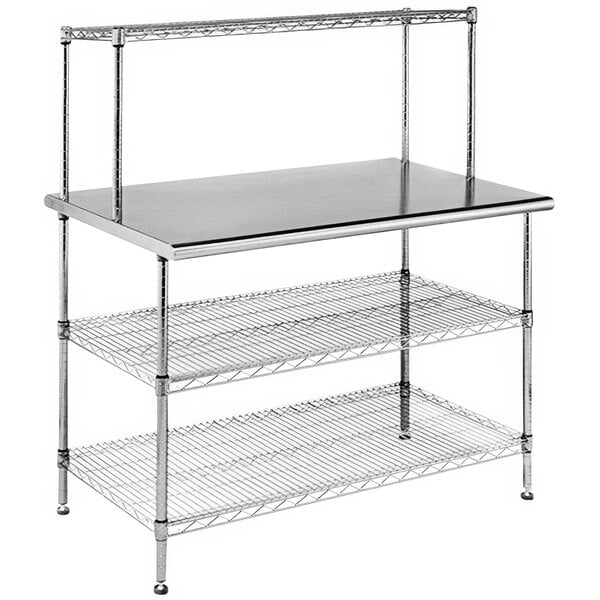 A stainless steel Eagle Group work table with 2 metal undershelves.