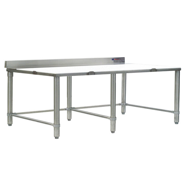A stainless steel poly top trimming table with metal legs.