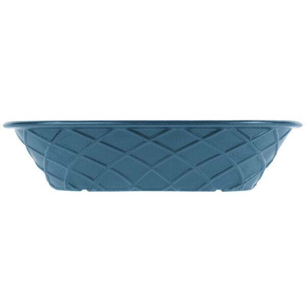 A blue polyethylene oval weave basket with a pattern.