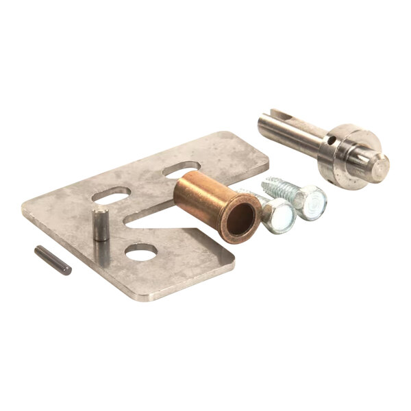 A metal plate with a metal cylinder and a pin, along with screws and a bracket.