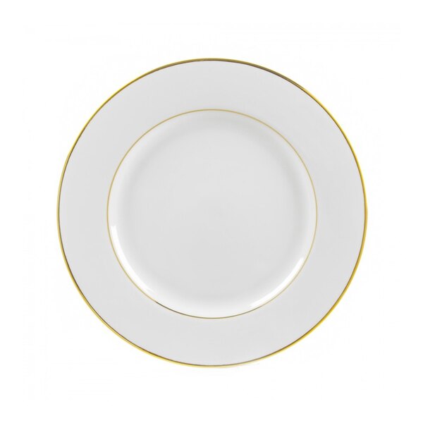 A white porcelain luncheon plate with double gold lines around the rim.