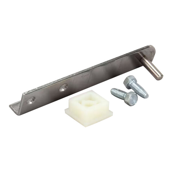 A metal bar with screws and bolts for a Bottom Right Hinge Kit.