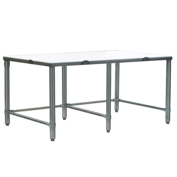 A white poly top Eagle Group cutting table with metal legs.