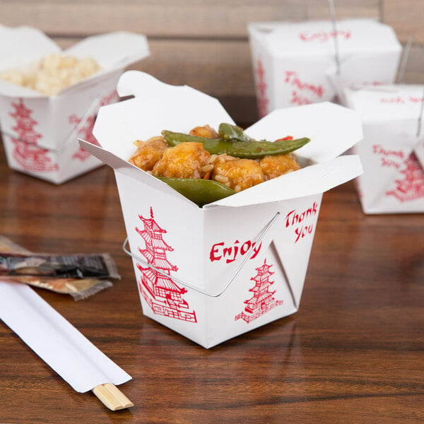 25 ct FOLDPAK 16 oz Chinese Take Out Boxes Food Pail w/ Handle White Red Design 