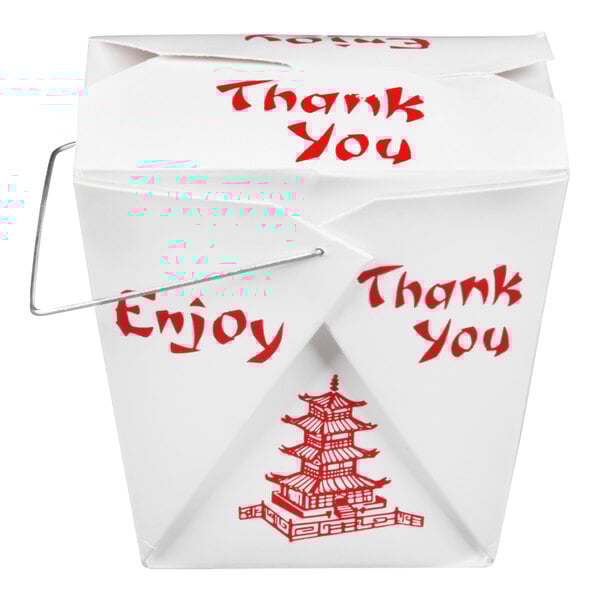 A white 16 oz. paper Chinese take-out container with a wire handle, red pagoda graphic, and 'Thank You' and 'Enjoy' printed on it.