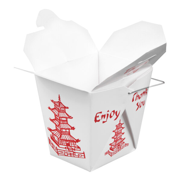 A white paper take-out container with a wire handle, featuring red pagoda graphics and the words 'Enjoy' and 'Thank You' printed on the sides.