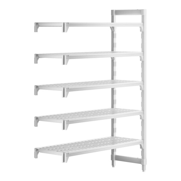 A white plastic Cambro Camshelving Premium add on unit with shelves.