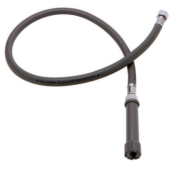 A black T&S reinforced PVC hose with silver connectors.