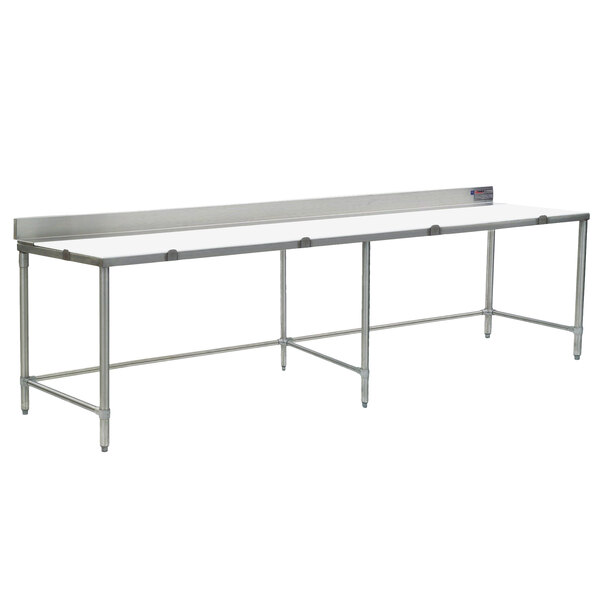 An Eagle Group stainless steel work table with a white poly top and metal legs.